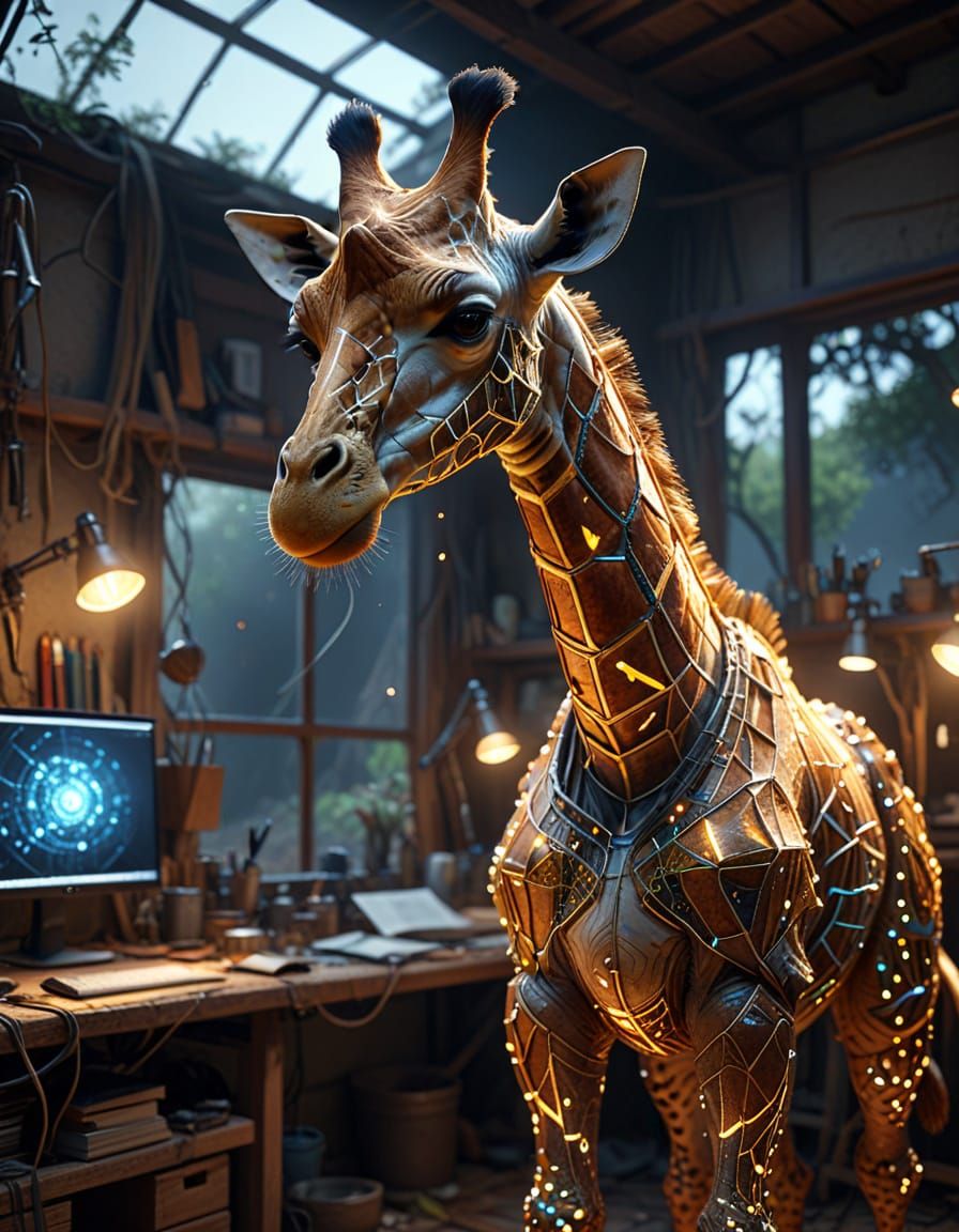 Bioluminescent Giraffe Formed From Golden Thread in Rural Ba...