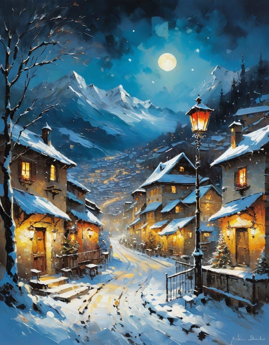 Snowy Alpine Village Aglow with Lanterns at Night