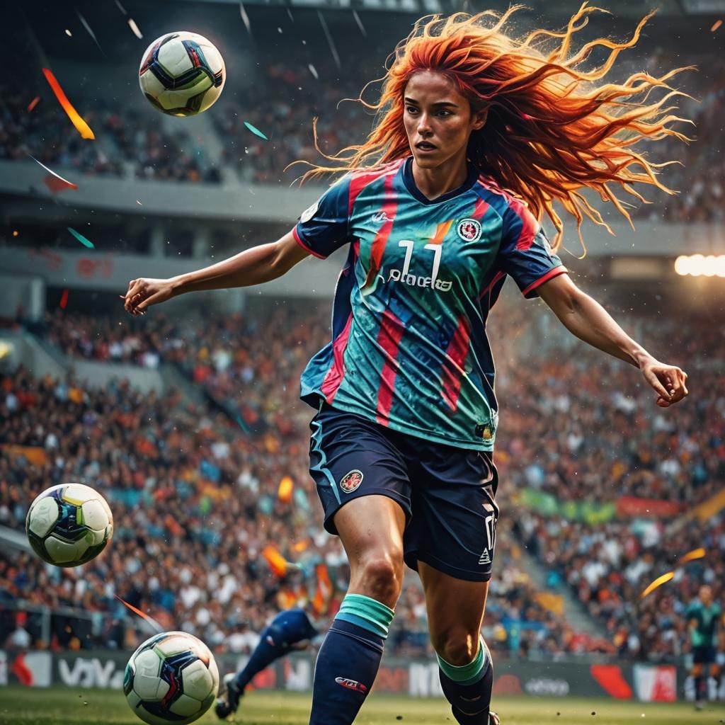 Colorful Haired Soccer Player Kicking Ball: Digital Portrait