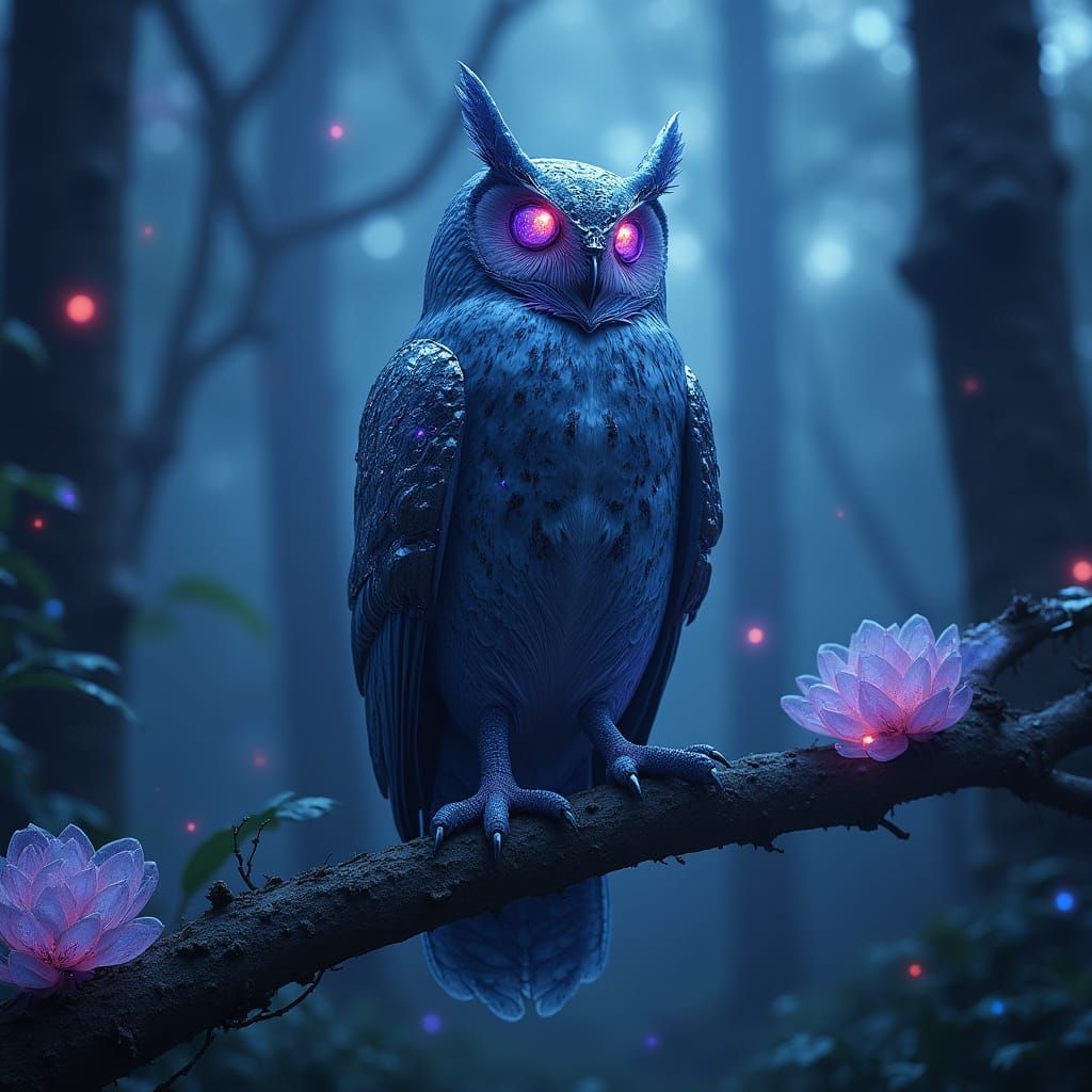 Cyborg Owl in Bioluminescent Forest, Cinematic Style