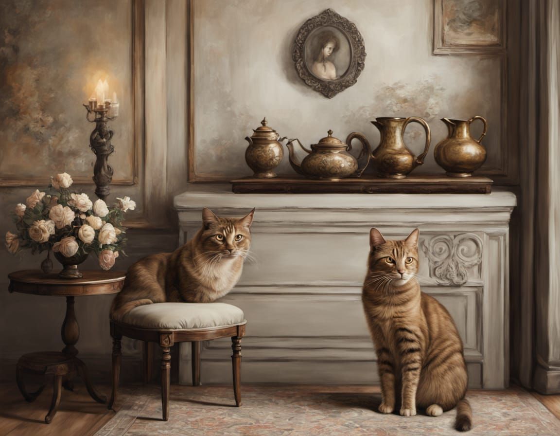 Classical Realism Portrait: Woman, Cat, and Gathering in Lou...