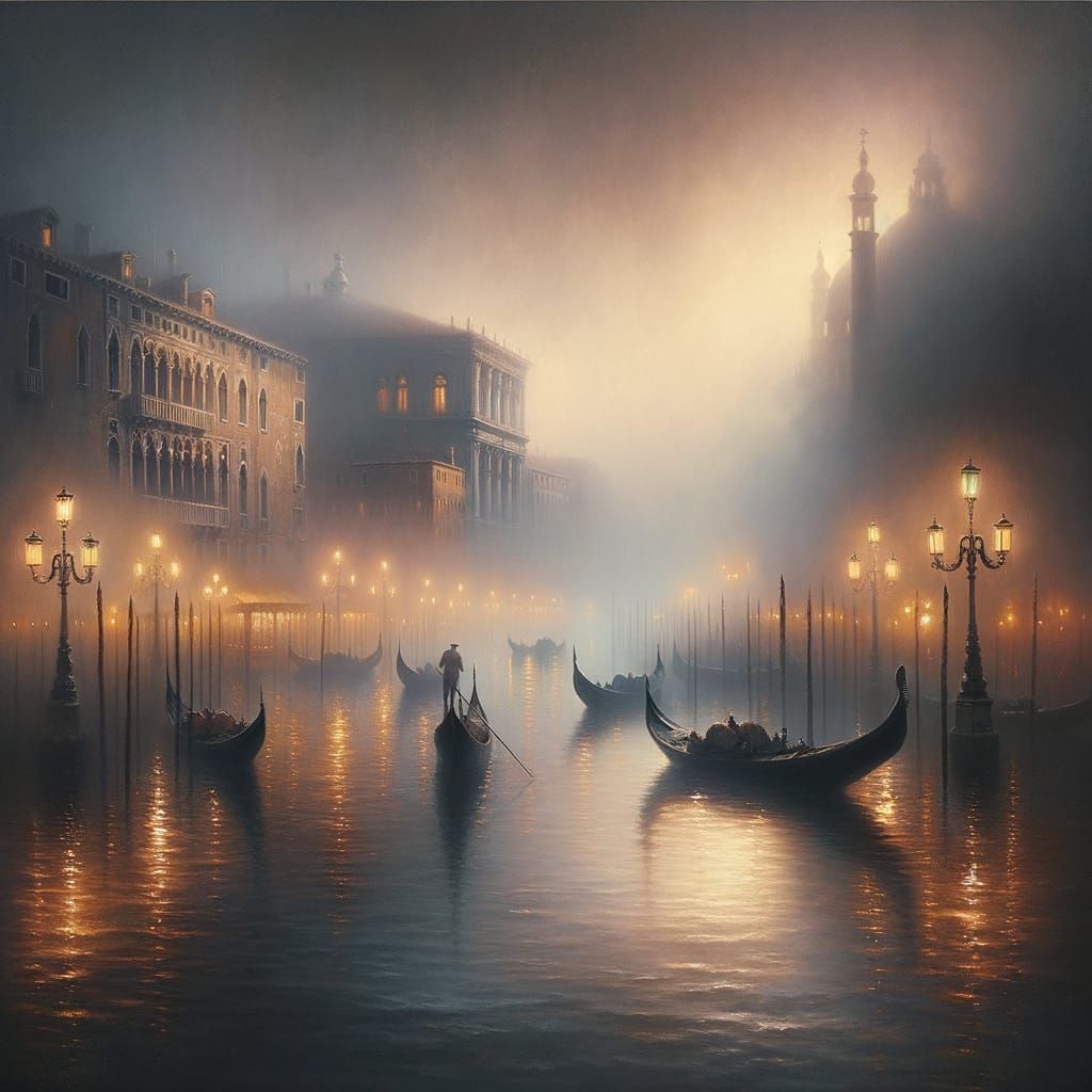 Venetian Canal in Mystical Fog, Romantic Oil Painting