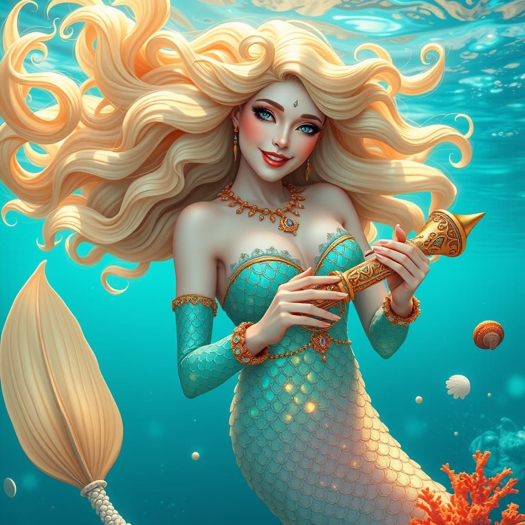 Regal Mermaid Shines with Opalescent Scales and Vintage Flai...