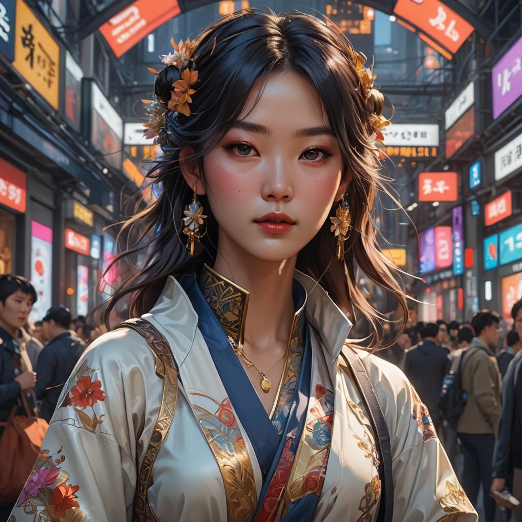 Korean Girl Portrait at Tech Event, Hyperdetailed Art