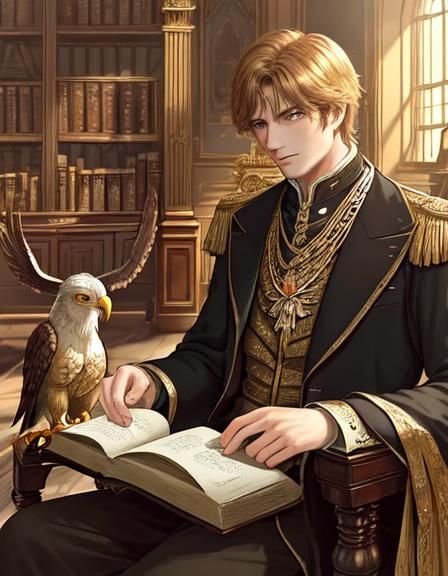 Man and Gryphon in Luxurious Library