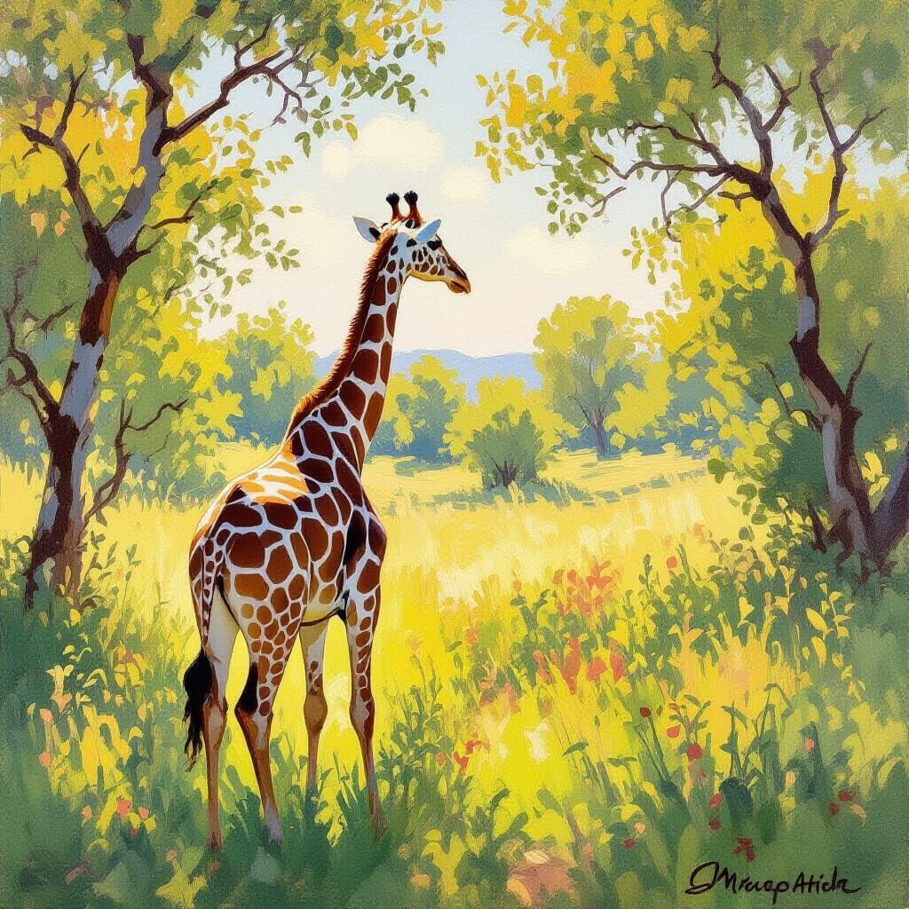 Impressionist Giraffe in Sunlit Meadow