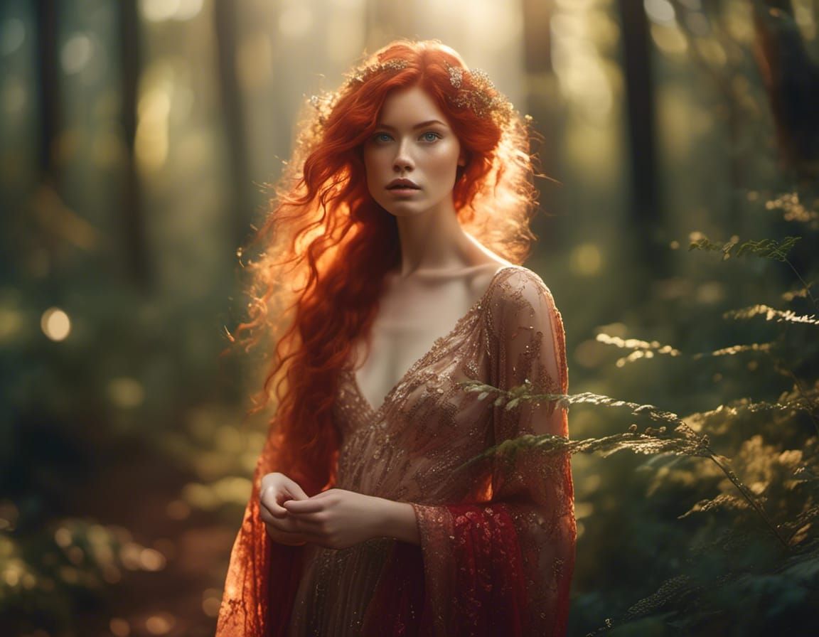 Ethereal Redhead Portrait in Forest Sunlight