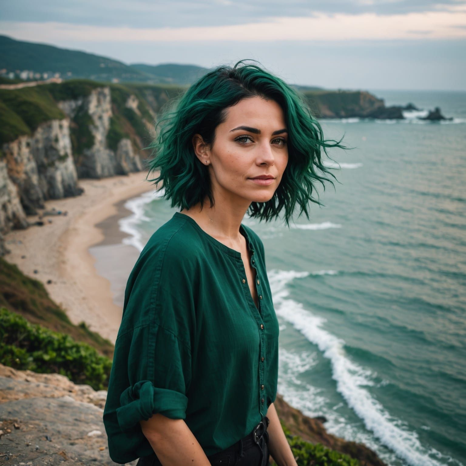 Woman with Green Hair on Cliffside Beach