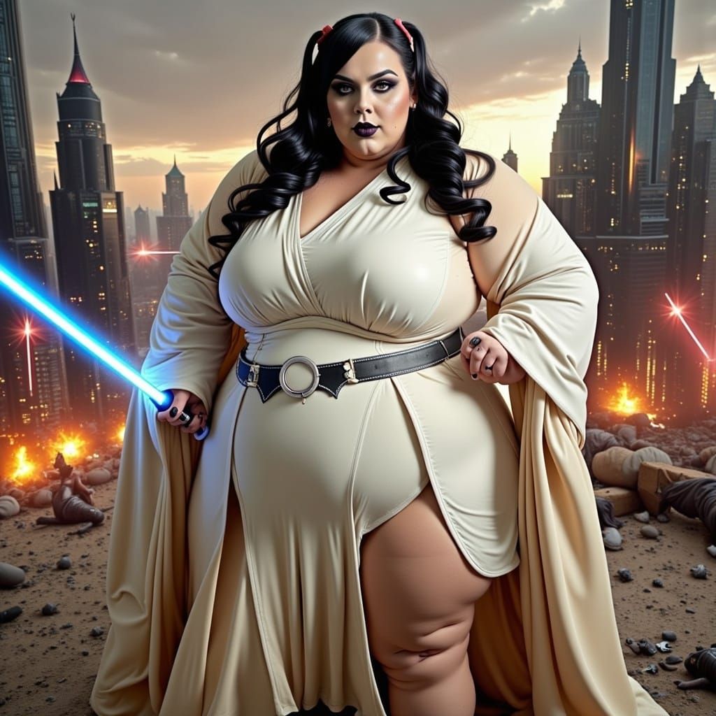 Curvy Jedi Knight in Action, Wielding a Glowing Lightsaber