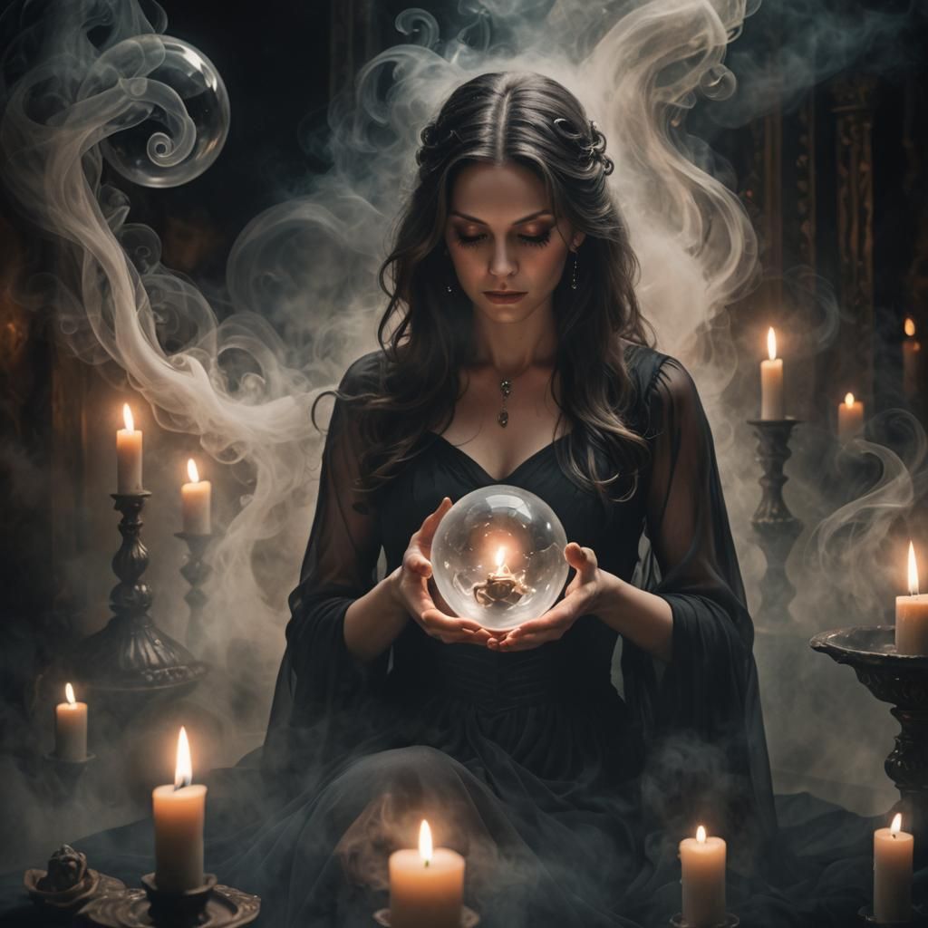 Mysterious Woman Gazing into Crystal Ball: Dark Fantasy Art
