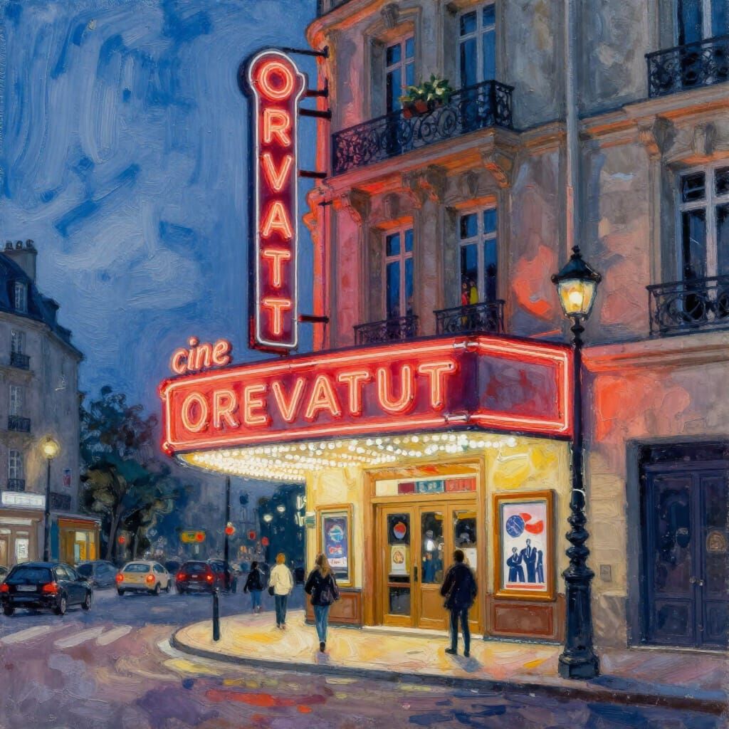 Paris Cinema at Evening in Gouache Style
