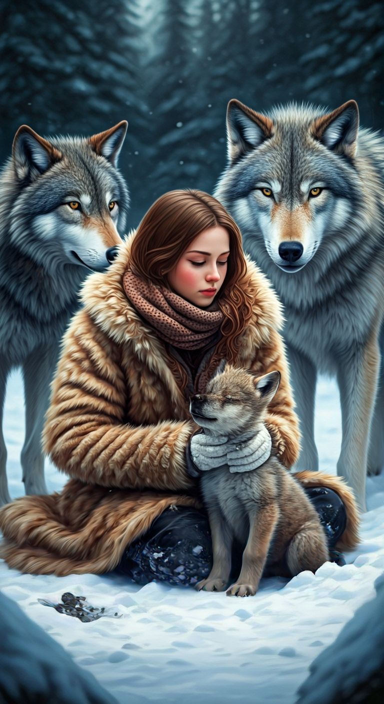 Woman in Snow Surrounded by Wolves: Wildlife Painting