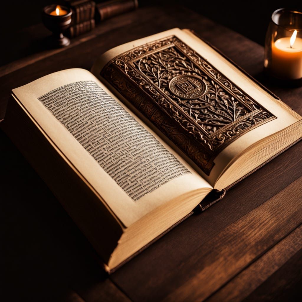 Intricate Hebrew Text on Wooden Shtender in Warm Golden Ligh...