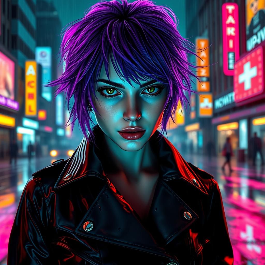 Cyberpunk Woman in Rainy Cityscape with Neon Lights