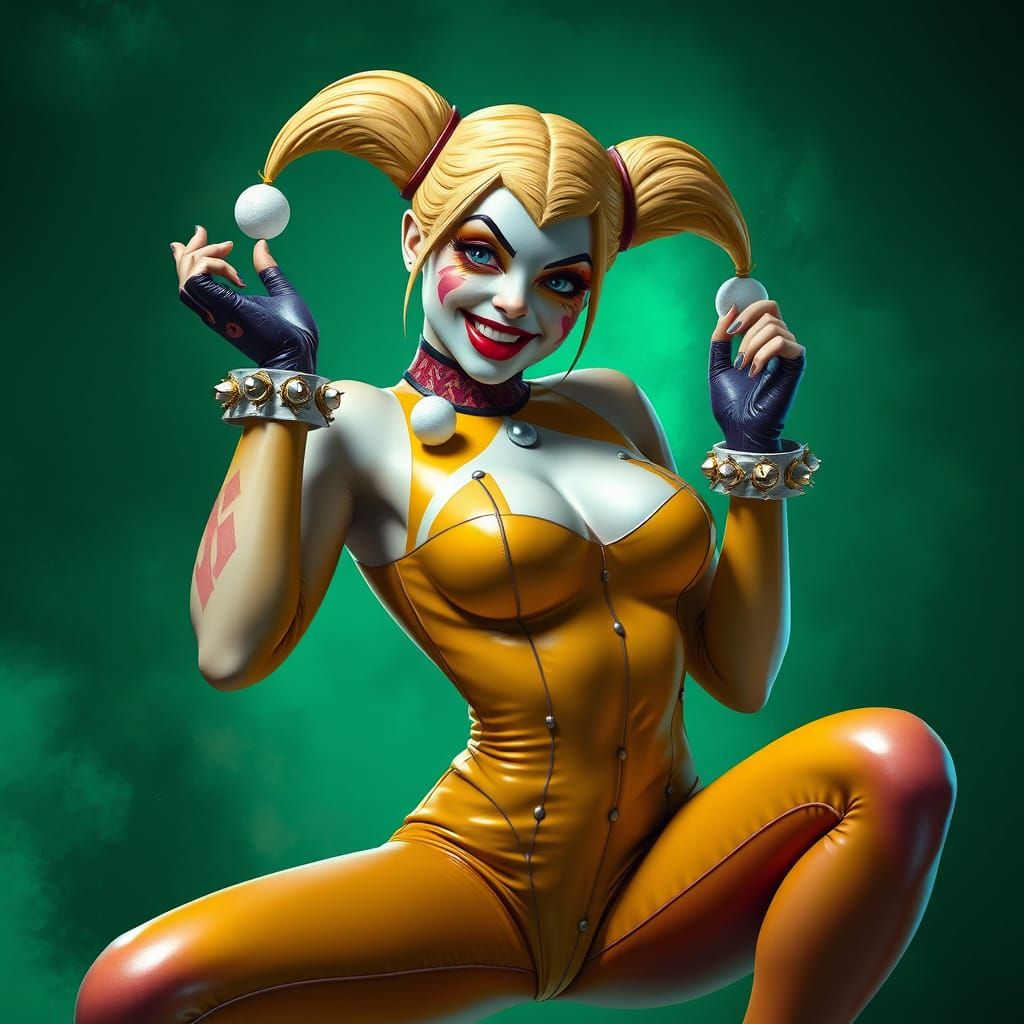 Harley Quinn in Vibrant Latex Bodysuit on Emerald Green Back...