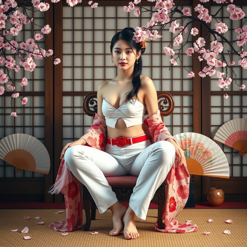 Geisha in Modern Attire Surrounded by Cherry Blossoms