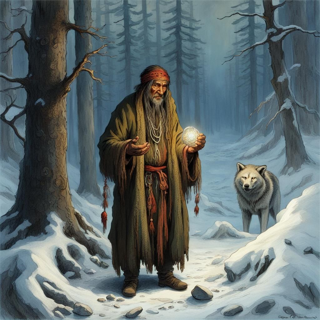 Siberian Shaman and Creepy Amulet in Winter Taiga