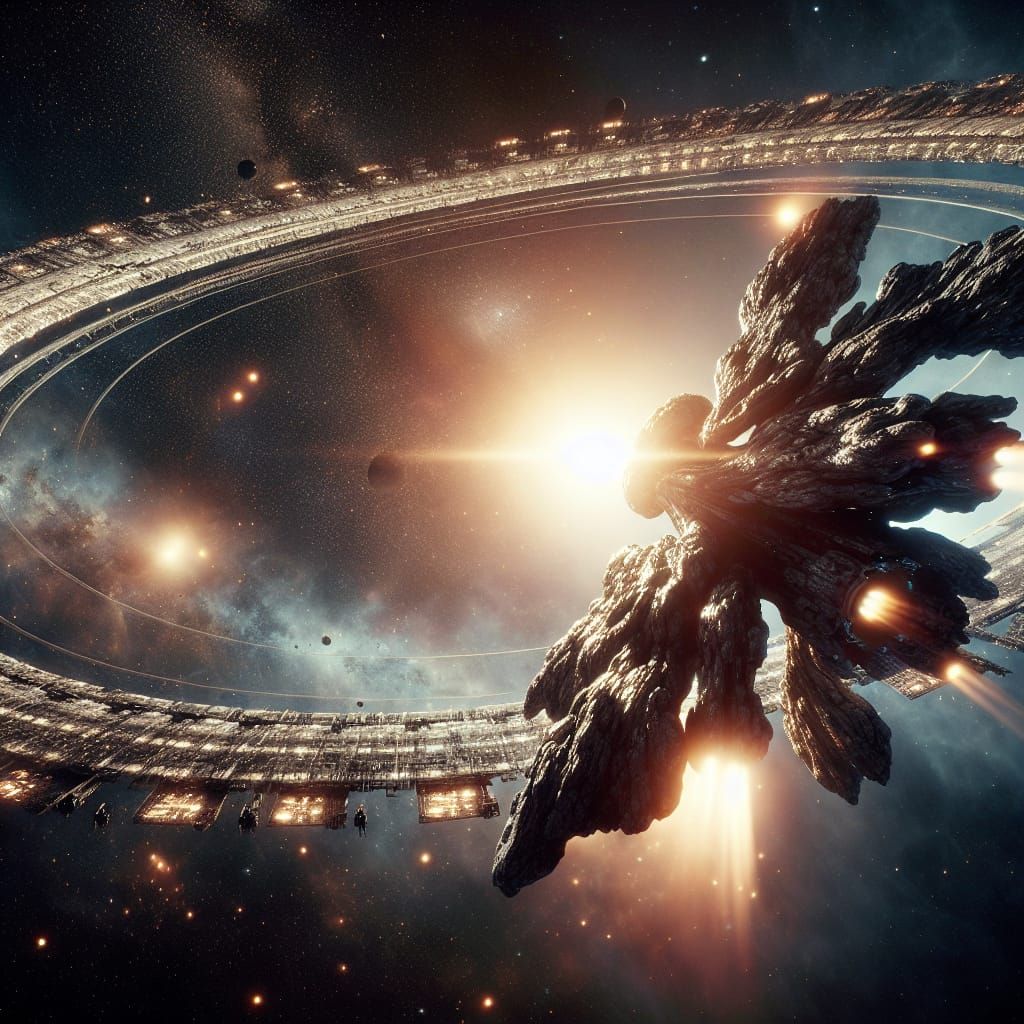 Alien Spacecraft Attacks Ring Station in Sci-Fi Scene