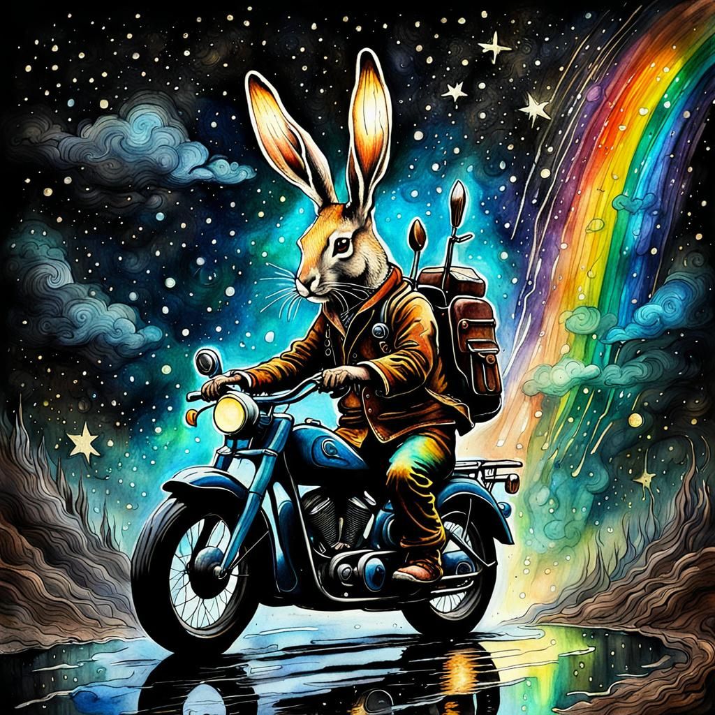 Jackalope God Rides Motorcycle in Watercolor Starry Night