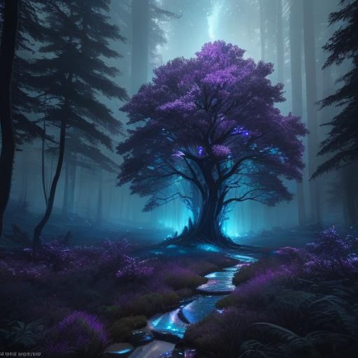 Nebula Sky Over Iridescent Crystal Forest