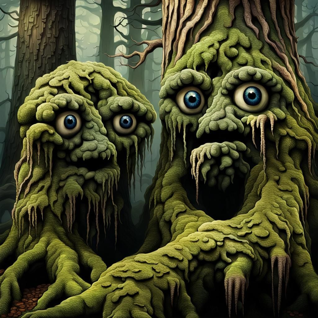 Eerie Trees with Moss and Eye-Like Burls