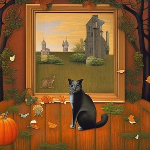 Melancholic Autumn Scene with Cats, Surreal Fantasy Art