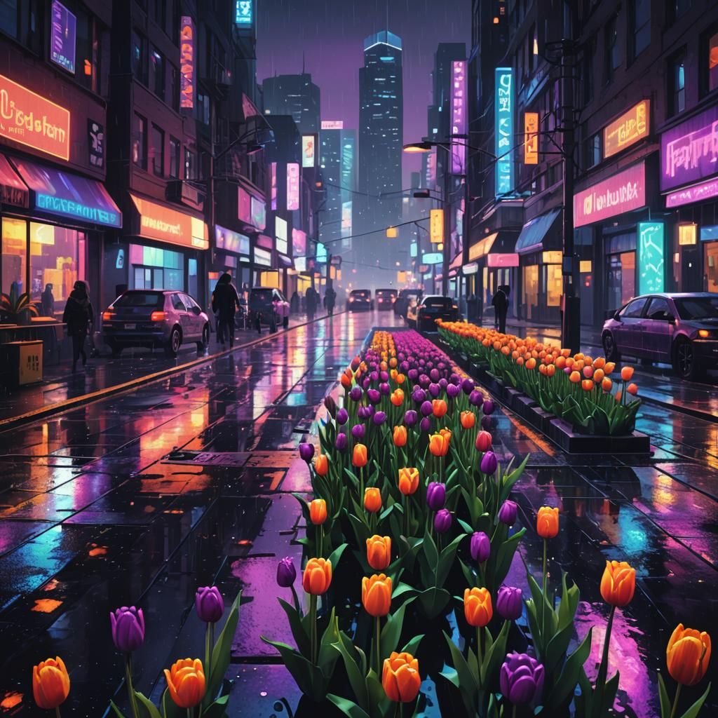 Vibrant Pixel Art Tulips in Cyberpunk Cityscape