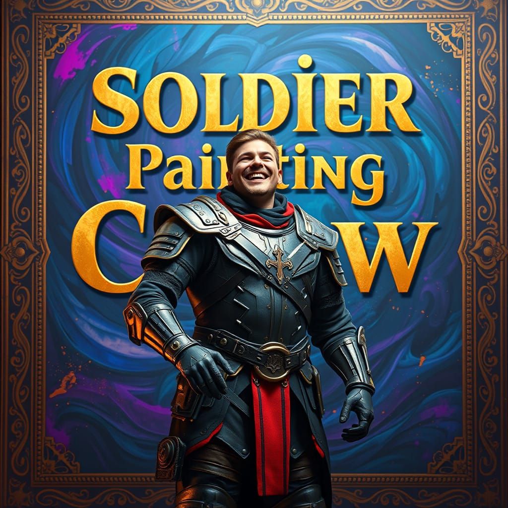 Vibrant Soldier in Futuristic Armor Posing before a Massive...