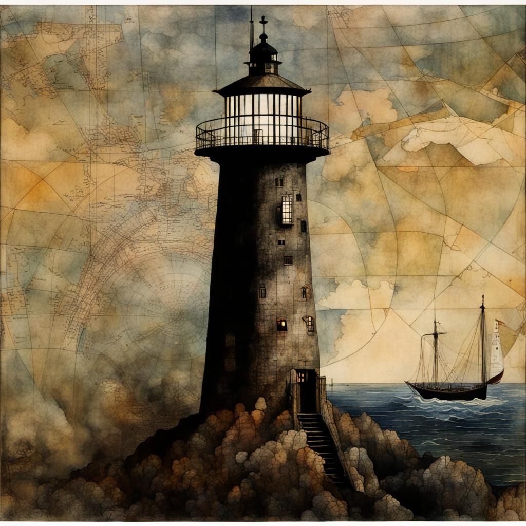 Foggy Lighthouse Collage, Inspired by Nielsen and Rackham