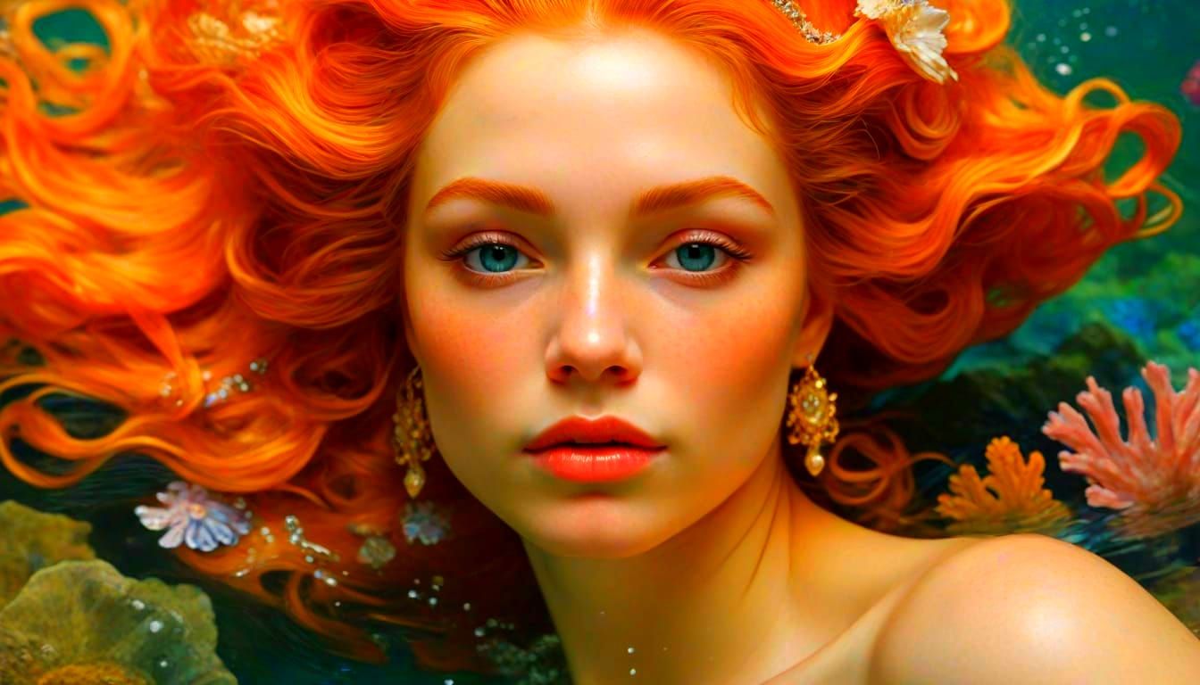 Mermaid Goddess in Coral Reef: Baroque Oil Painting