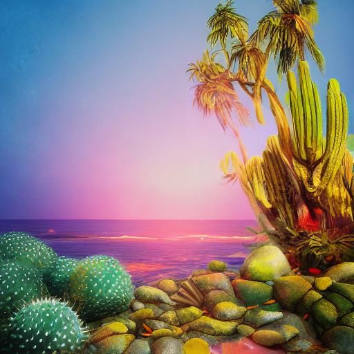 Surreal Sea Mountains with Cacti and Coconut Trees