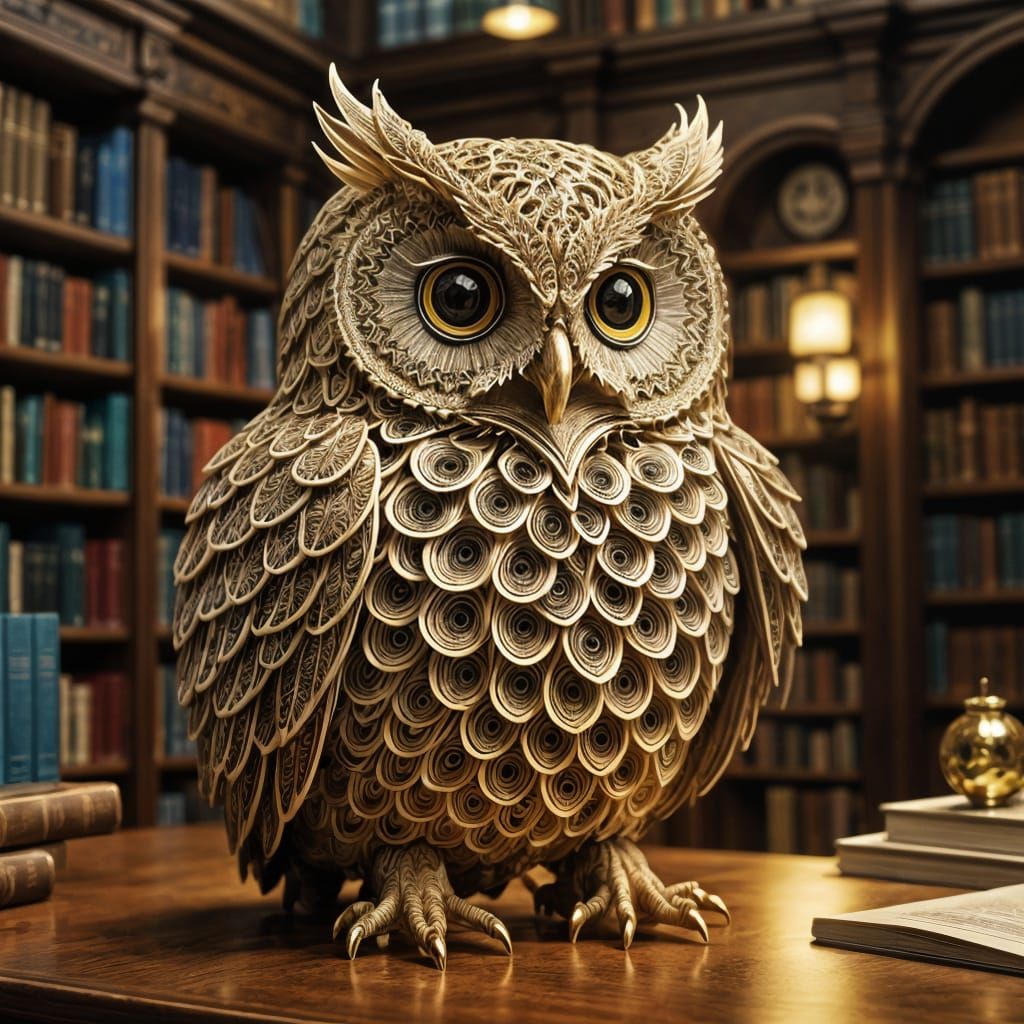Golden Paper Owl Amidst Whimsical Library Pages