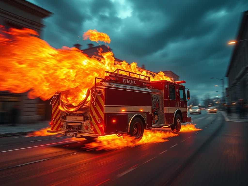 Inferno Rush: A Fantastical Fire Engine in Digital Surrealis...