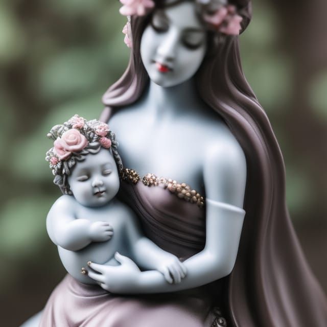 Gothic Fairy Statue Holding Baby, Detailed Fantasy Art