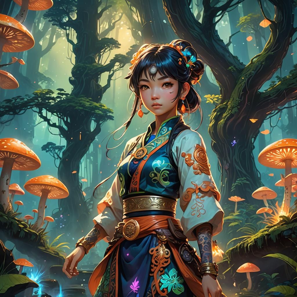 Anime Adventurer in Mystical Forest Concept Art
