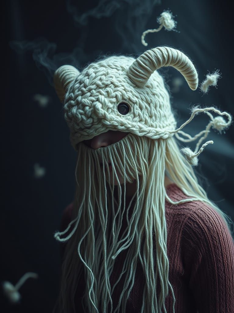 Surreal Woman with Unraveling Lambswool Mask