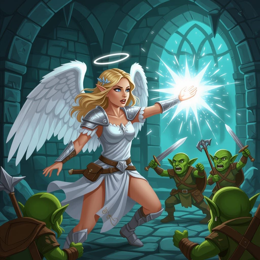 Angel Warrior Fights Goblins in D&D Dungeon