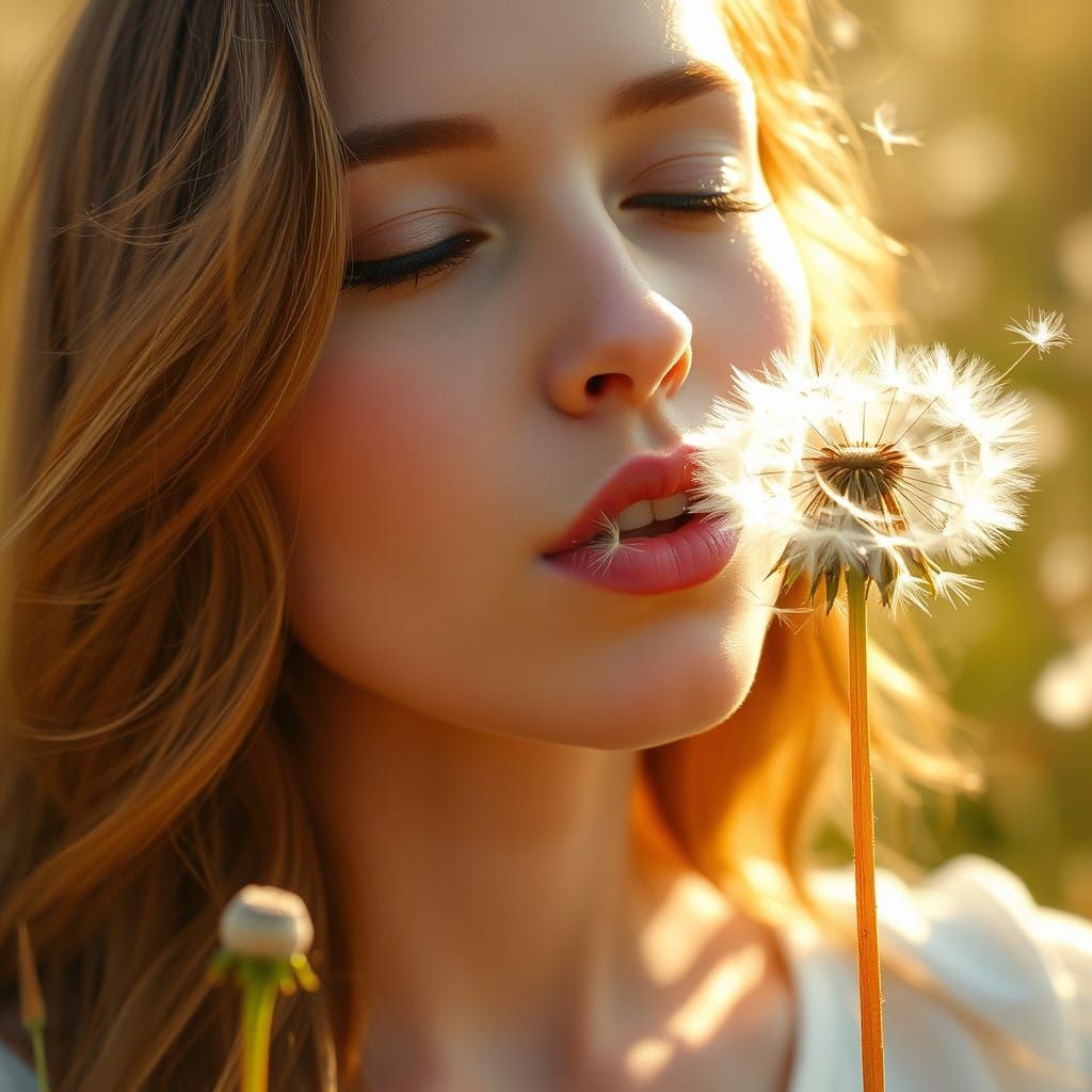 Whimsical Woman Blows Dandelion Seeds into Air