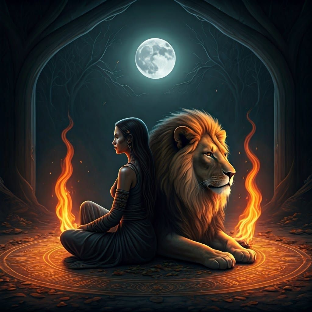Mystical Lion Ritual Under the Moon in Noir Style