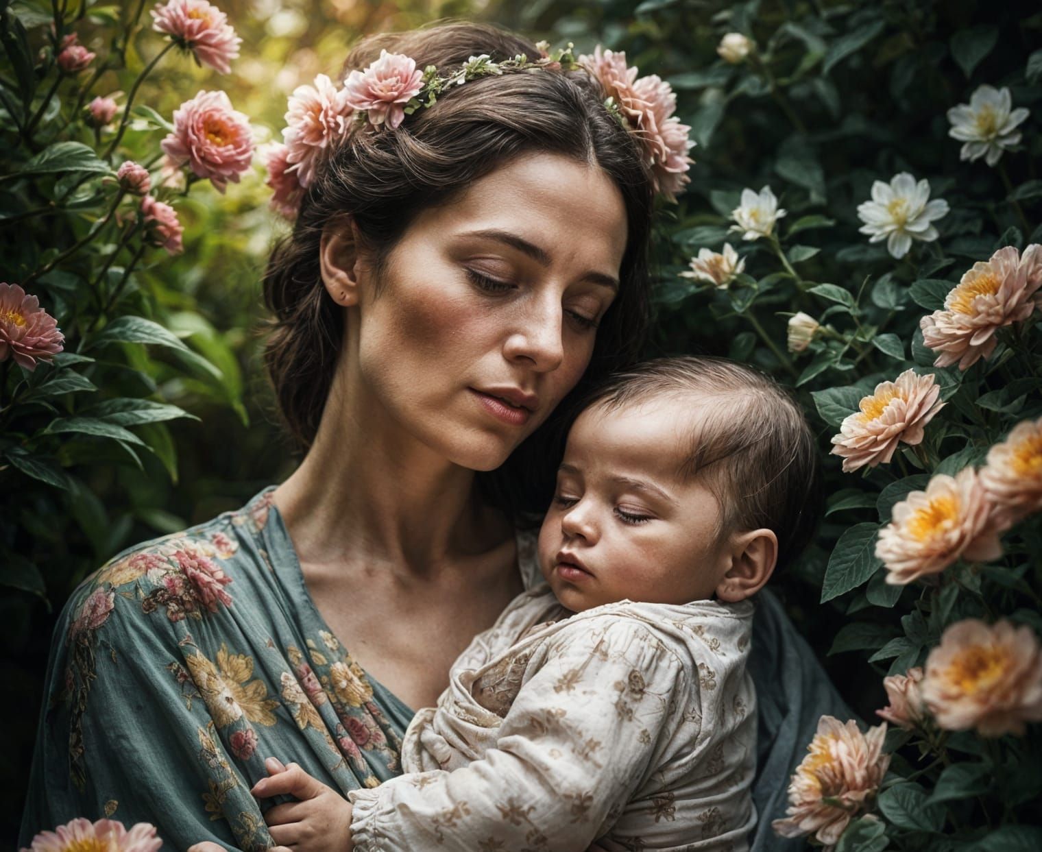 Mother and Child in Blooming Garden: Photorealistic Portrait