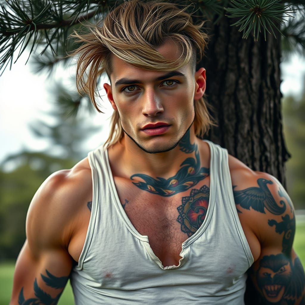 Hyper-Realistic Portrait of a Muscular Young Man with Mullet...