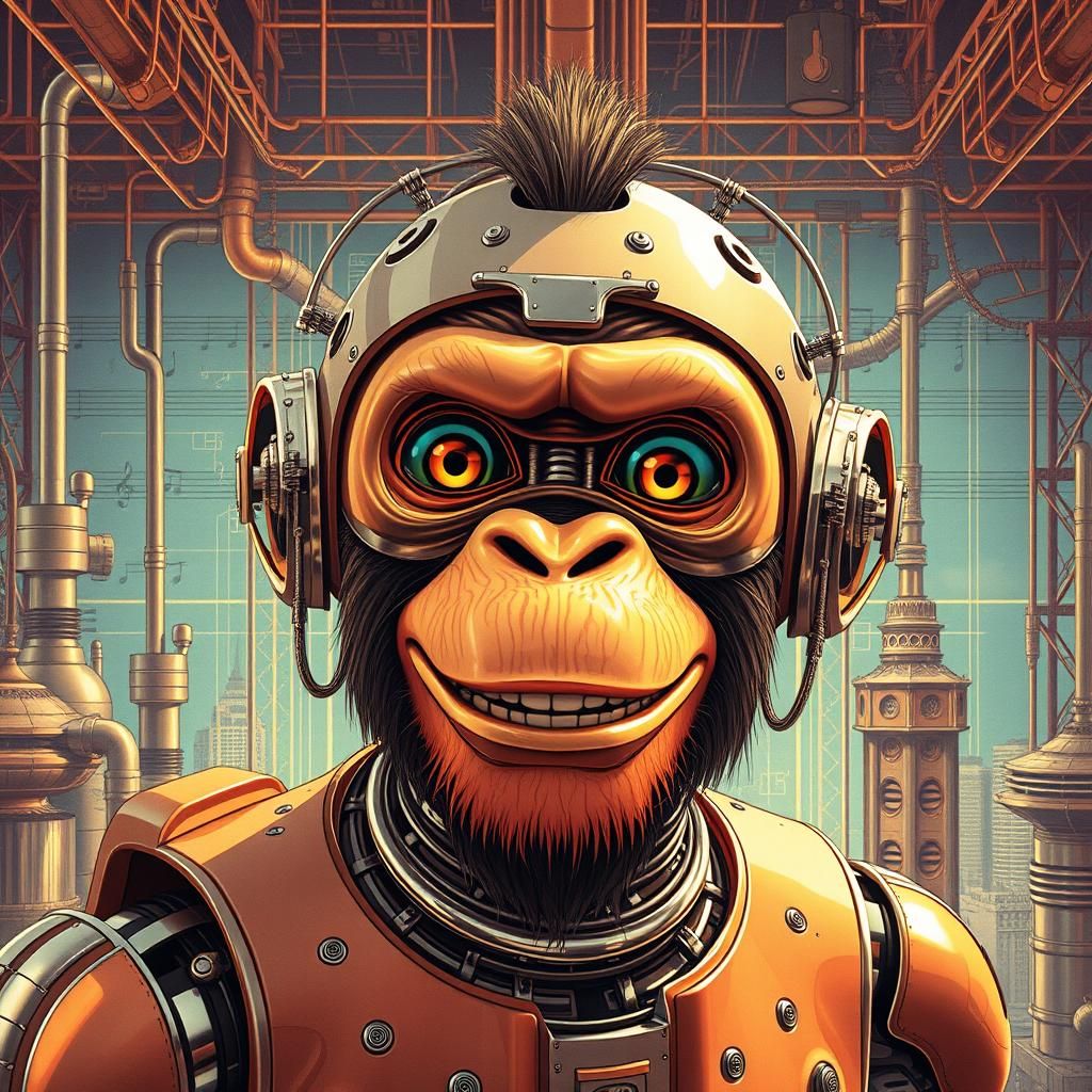 Happy Cyborg in Retro-Futuristic Metropolis