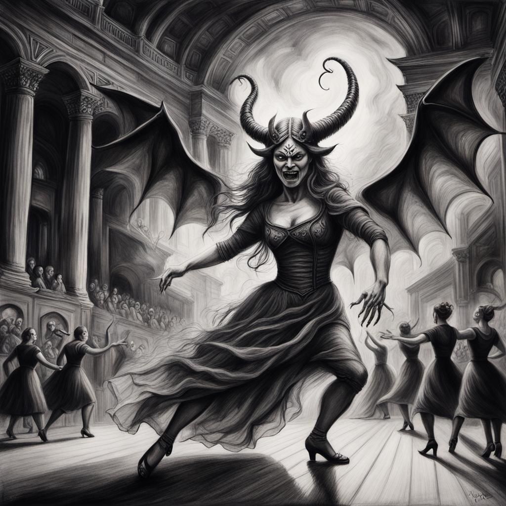 Woman Dancing with Demon in Charcoal Drawing