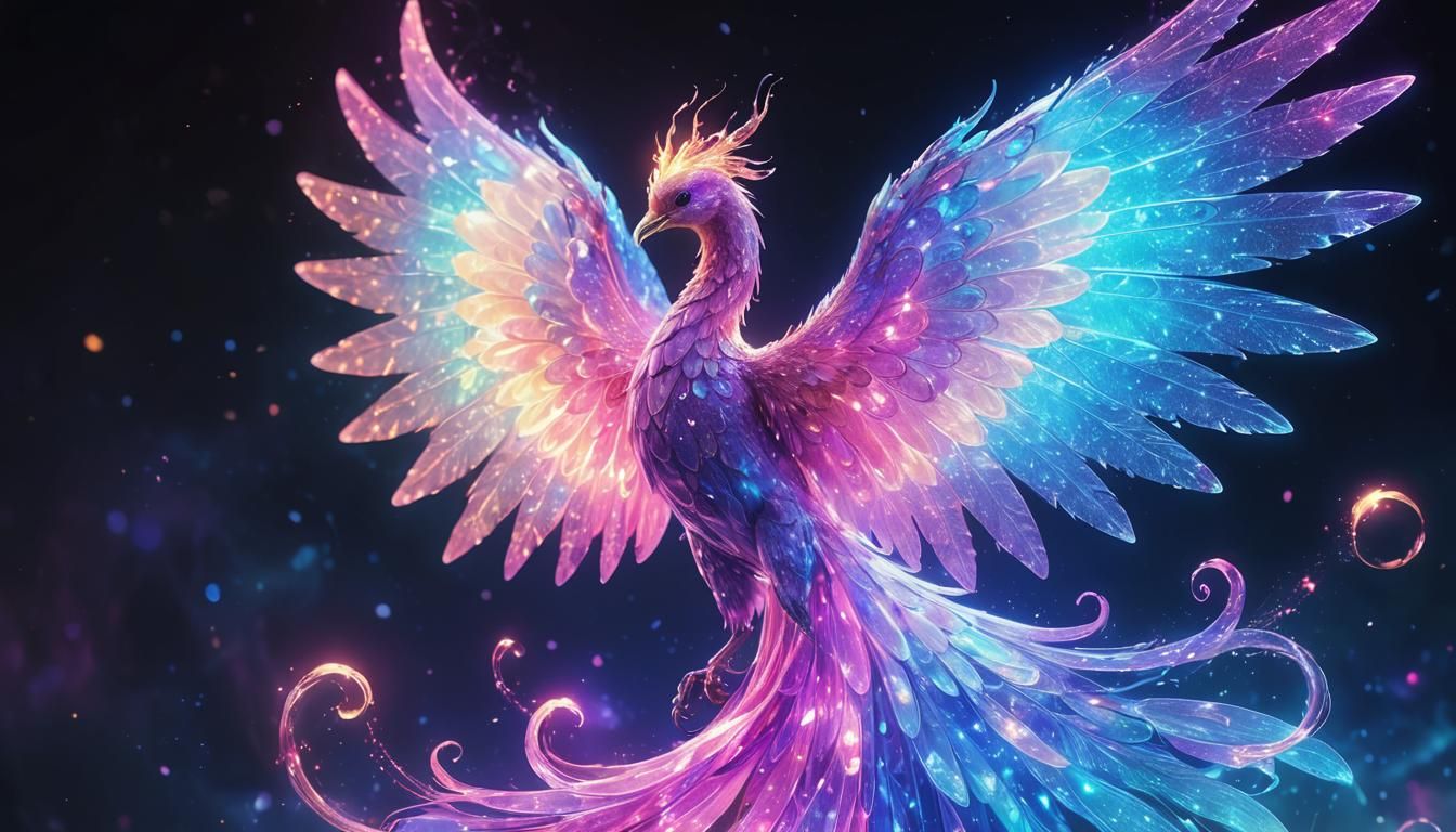 Neon Fairy Phoenix in Cosmic Dreamscape Digital Art