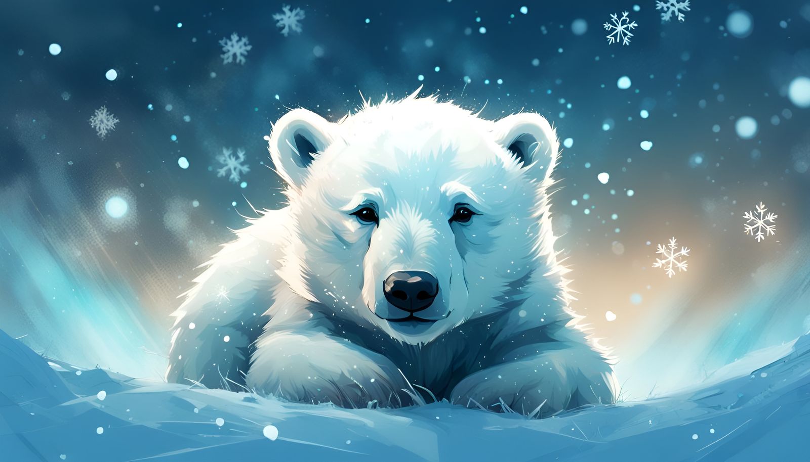 Adorable Polar Bear Cub on Snowflake Field