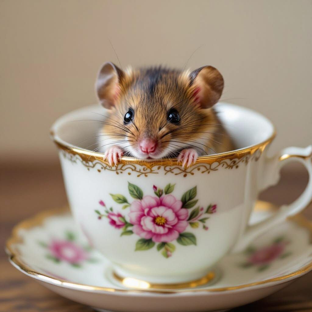 Shy Mouse Peeks Out From Teacup