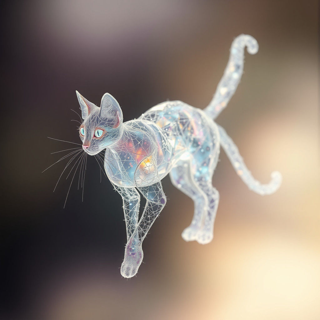 Ethereal Cat Composed of Iridescent Light Beams