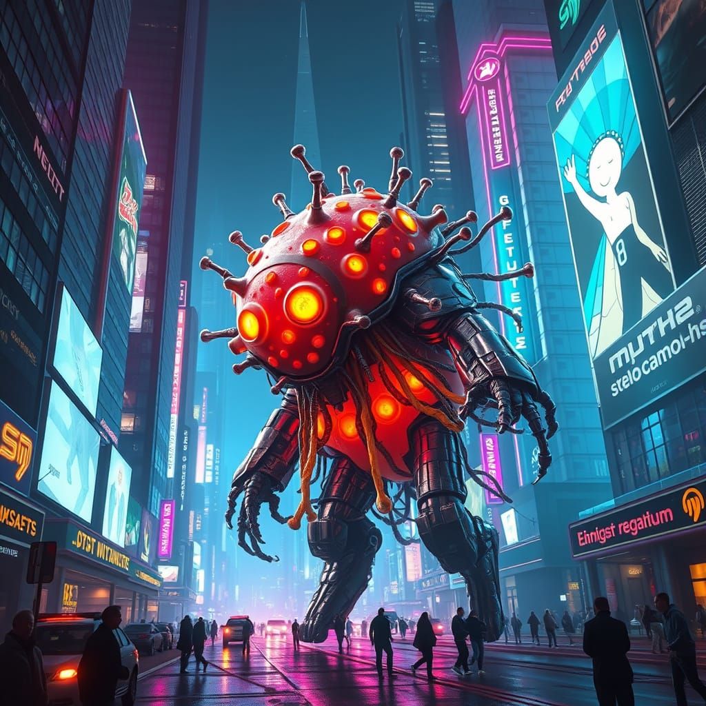 Cyberpunk Metropolis Ravaged by Giant Bacteria