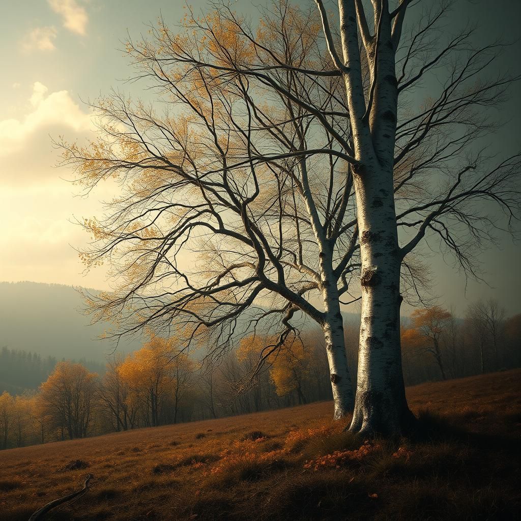 Crying Birch Tree in Autumn Landscape