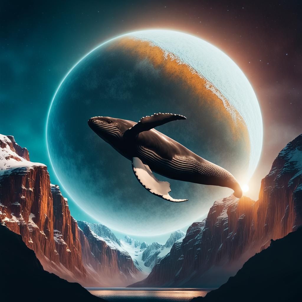 Whale Surfacing in Icy Canyon with Jupiter